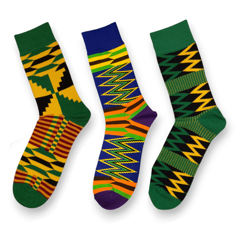 African socks / Afro socks / Set of 3 pairs - Green Kente KOFI