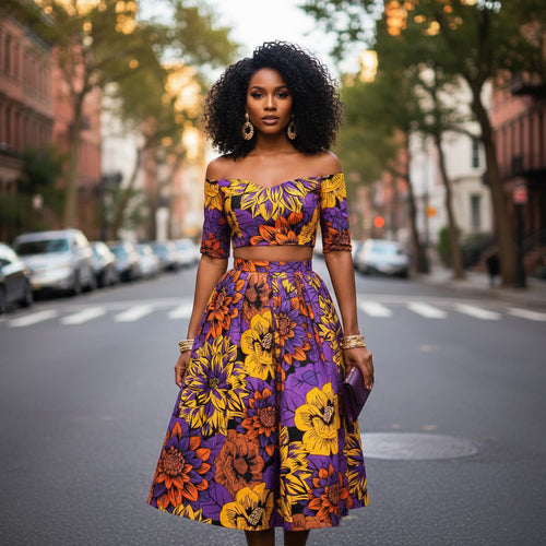 Afrikanischer Print Stoff - Gelb und Lila Flowers - 100% Baumwolle