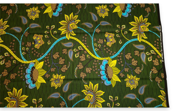 Tissu africain / tissu wax - Vert foncé et jaune Botanical Flow - 100 % coton