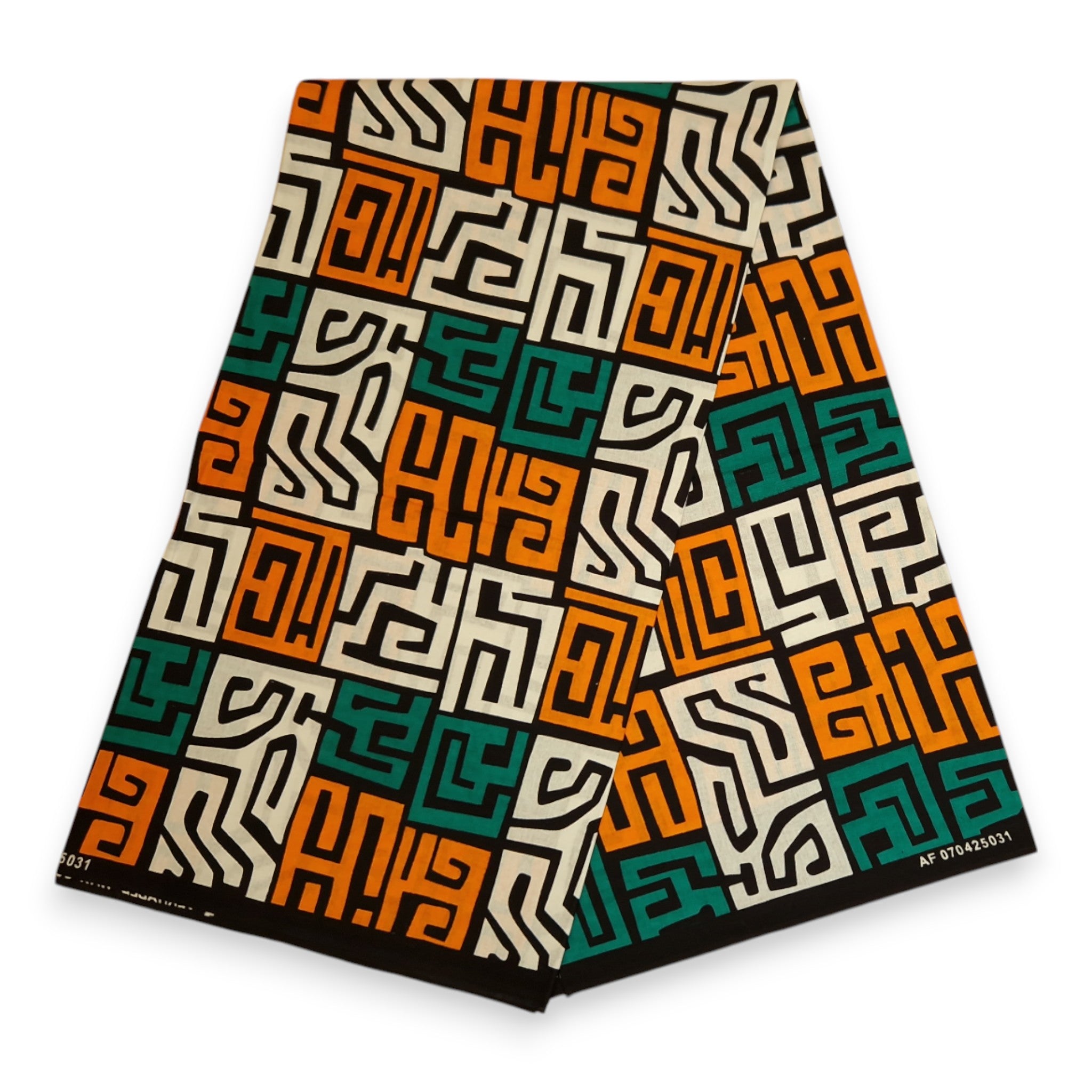 Tissu africain / tissu wax - Turquoise foncé et orange jaune Kuba Blocks Congo - 100 % coton