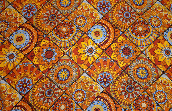 Tissu africain / tissu wax - Orange et bleu clair Mandala Patchwork - 100 % coton