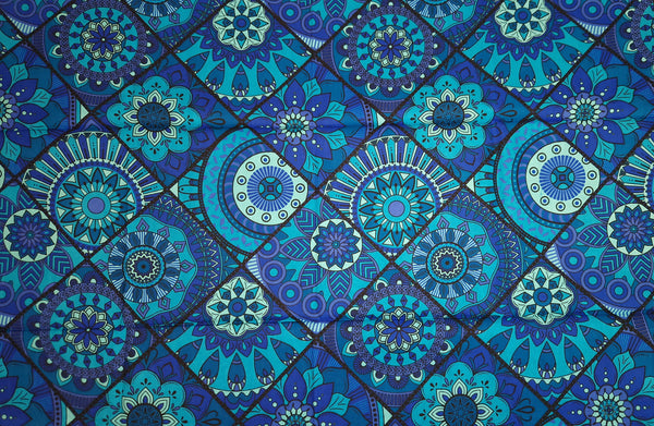 Tissu africain / tissu wax - Bleu et turquoise Mandala Patchwork - 100 % coton