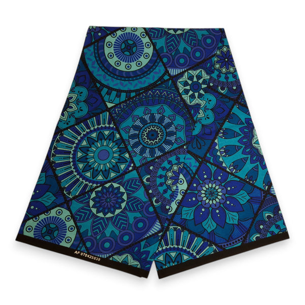 Tissu africain / tissu wax - Bleu et turquoise Mandala Patchwork - 100 % coton
