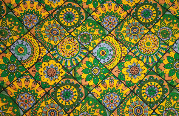Tissu africain / tissu wax - Vert et jaune Mandala Patchwork - 100 % coton