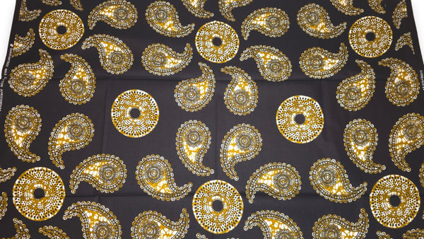 Tissu wax africain - Noir Olive Paisley Sun - 100% coton