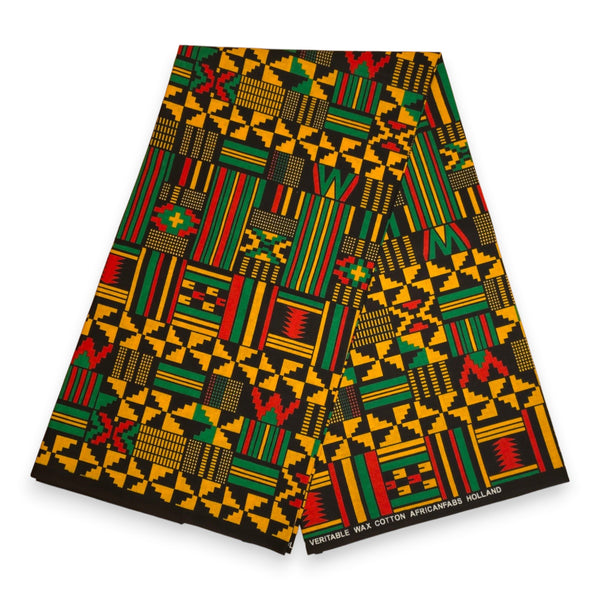 African Wax print fabric - Black Green Kente Print Ghana - 100% cotton