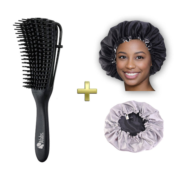 Brosse démêlante noire + Bonnet en satin noir/gris | Peigne pour boucles | Brosse pour cheveux afro