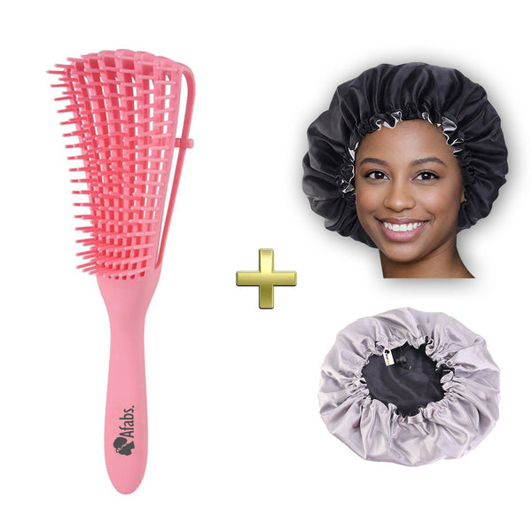 Brosse démêlante rose + Bonnet en satin noir | Peigne pour boucles | Brosse pour cheveux afro