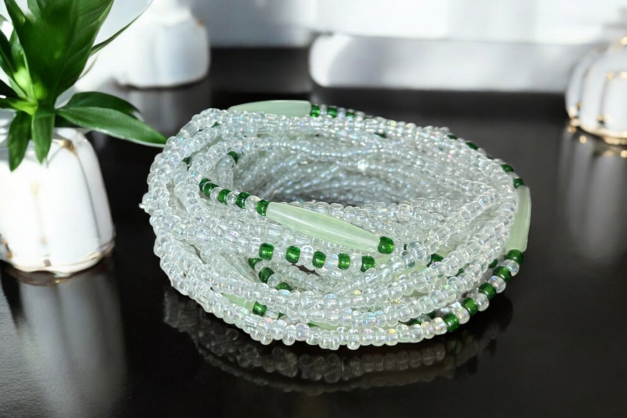 Waist Beads / Chaine de taille africaine - Enọfua - Vert (élastique)