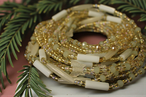 Waist Beads / Afrikanische Taillenkette - ISIUWA - Weiss - leuchtet im Dunkeln (elastisch)