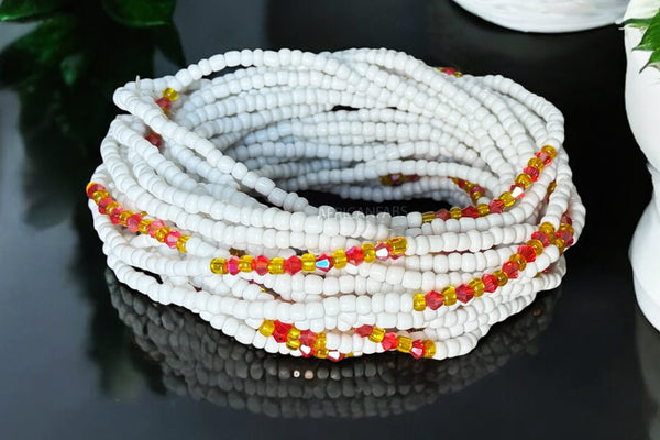 Waist Beads / Afrikanische Taillenkette - ADU - Weiß / Rot (elastisch)