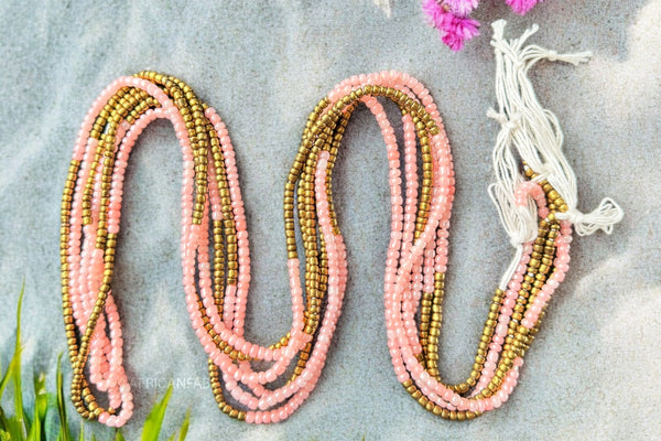 Waist Beads / African Hip Chain - Abinéné - Gold / pink (Traditional non-elastic string)