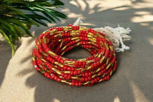 Waist Beads / Afrikanische Taillenkette - Adesuwa  - Rot / Gold (Traditionelle nicht elastische Schnur)