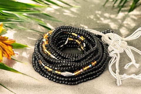 Waist Beads / Afrikanische Taillenkette - Afiangbe  - Schwarz / gold (Traditionelle nicht elastische Schnur)