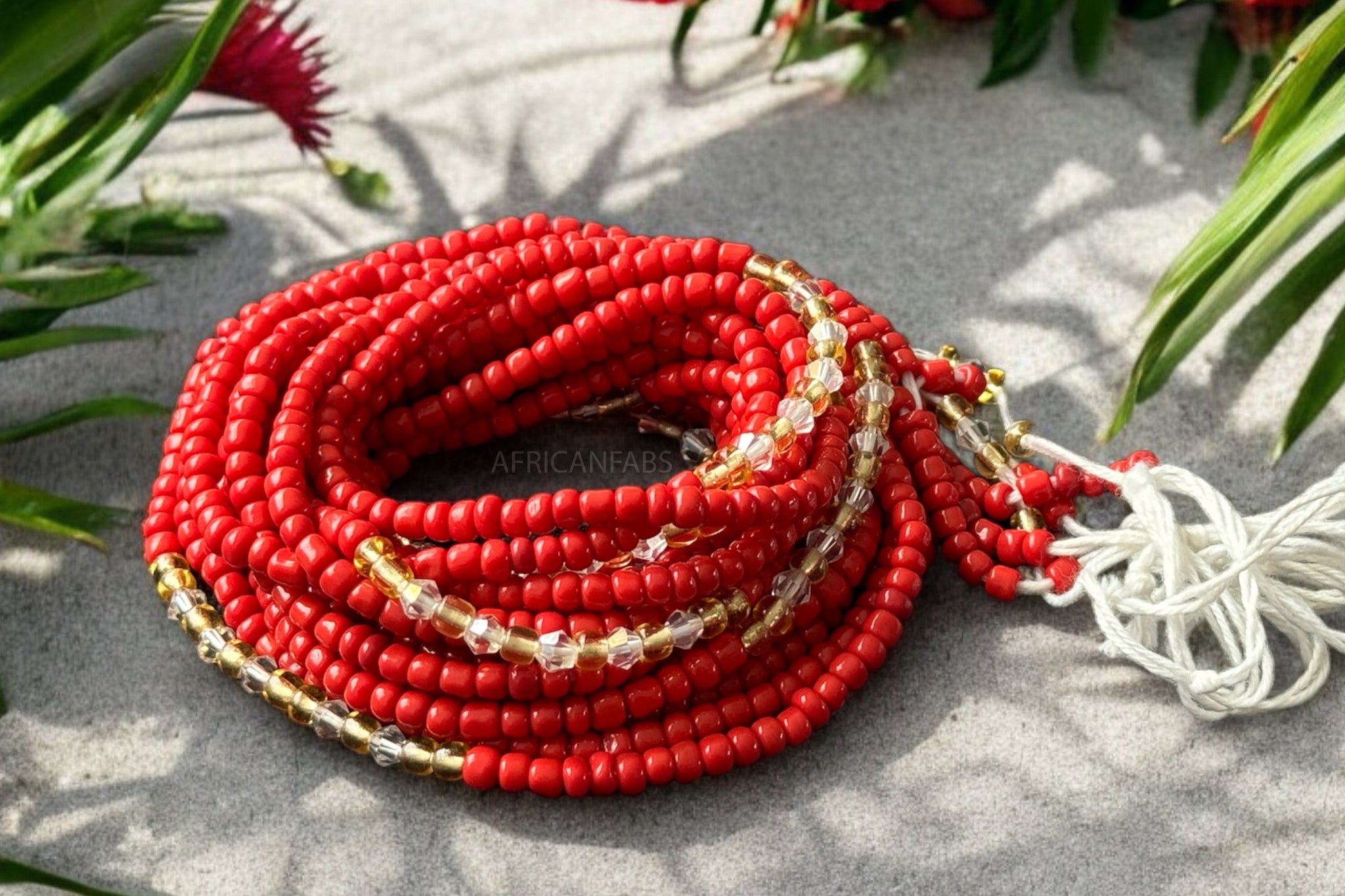 Waist Beads / Afrikanische Taillenkette - Iboroni - Rot / Gold (Traditionelle nicht elastische Schnur)