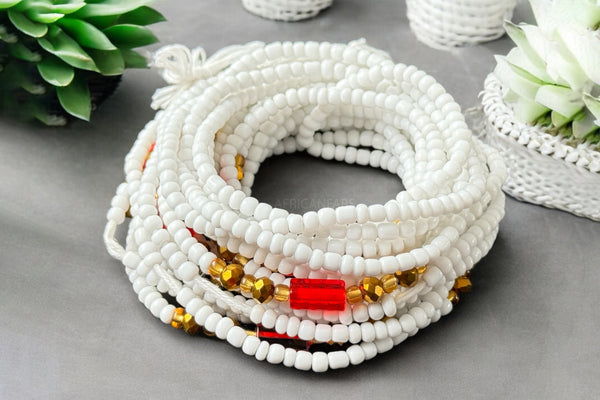 Waist Beads / African Hip Chain - Nayoghóna - White / Red (Traditional non-elastic string)