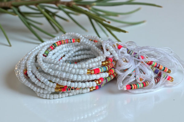 Waist Beads / African Hip Chain - Osi - White / gold (Traditional non-elastic string)