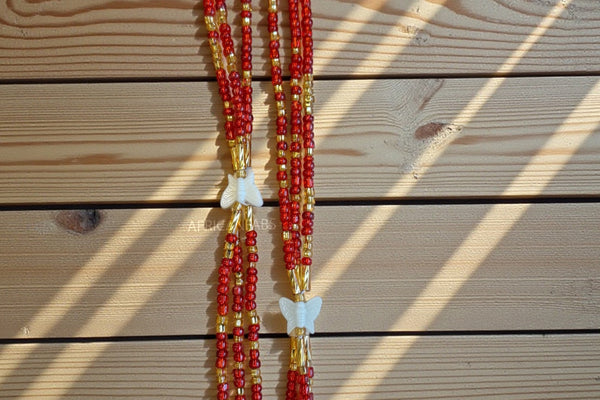 3 in 1 Waist Beads / Afrikanische Taillenkette - Osime - Rot (Traditionelle nicht elastische Schnur)