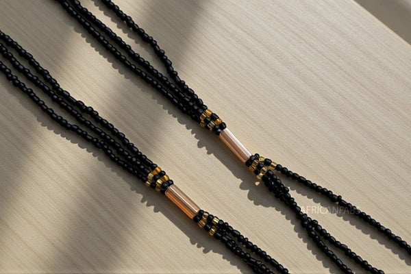 3 in 1 Waist Beads / Afrikanische Taillenkette - Obasogie - Schwarz (Traditionelle nicht elastische Schnur)