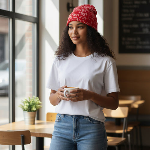 Bonnet à Motifs Africains - Rouge Blanc Bogolan