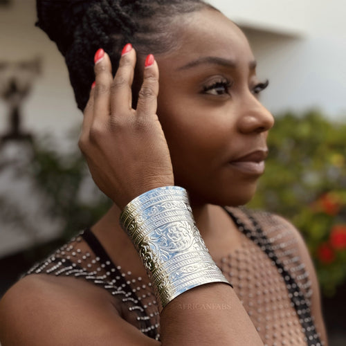 Bracelet manchette Bangle style africain - Fleur - Argent