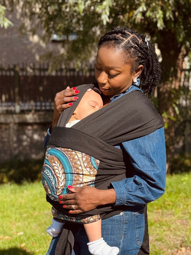 Babytragetuch mit afrikanischem Print / Baby sling / Tragetuch - Beige Blau Feather