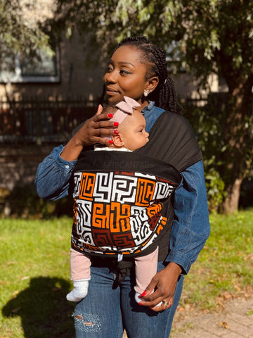 Babytragetuch mit afrikanischem Print / Baby sling / Tragetuch - Bordeauxrot & Gelb-orange Kuba Blöcke Kongo