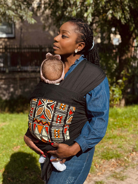 African Print Baby Carrier / Baby sling / baby wrap - Red & Orange Bogolan Symbols