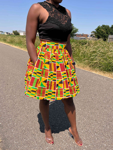 Afrikanischer Print Minirock - Kente orange / grün