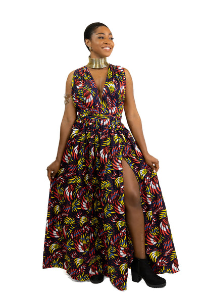 Robe longue multiway Infinity à imprimé africain Rouge Feathers