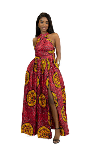 African Print Red Dotted Patterns Infinity Multiway Maxi Dress