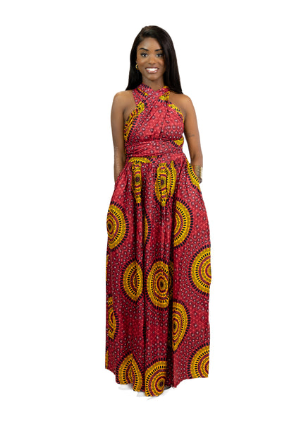 African Print Red Dotted Patterns Infinity Multiway Maxi Dress