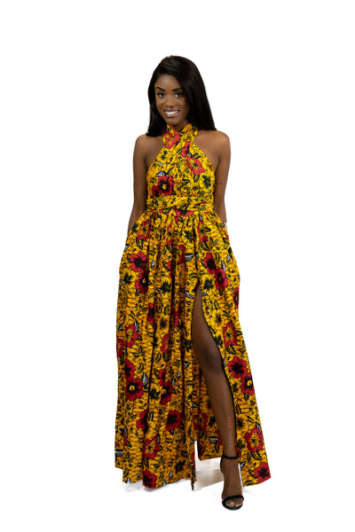 Robe longue multiway Infinity à imprimé africain Jaune Flowers