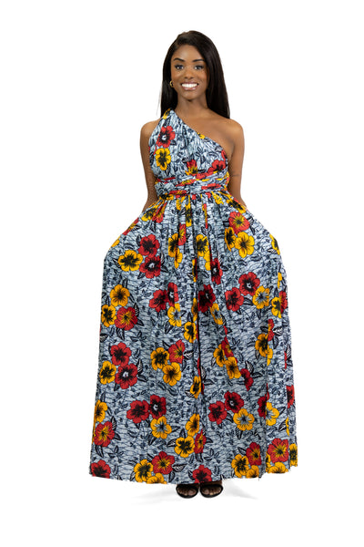 African Print Light Grey Flowers Infinity Multiway Maxi Dress