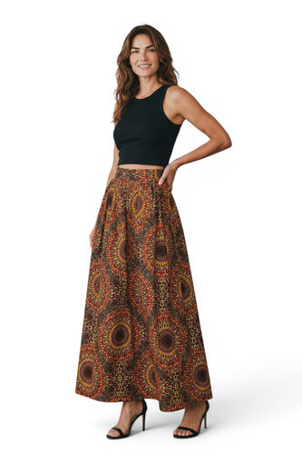 African print maxi skirt - Adjustable slit - Brown Sunburst