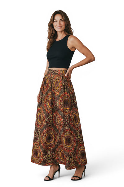 Afrikanischer Print Maxirock - Verstellbarer Schlitz - Braun Sunburst