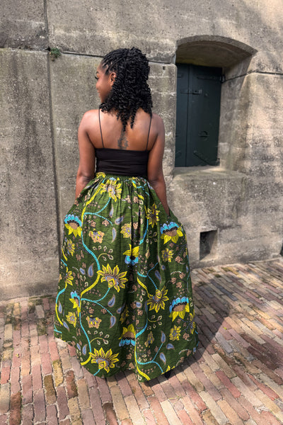 Jupe longue à imprimé africain - Vert foncé & Jaune Botanical Flow