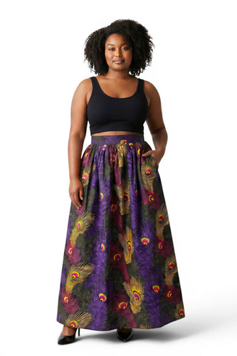 African print maxi skirt - Adjustable slit - Purple Yellow Peacock Feathers