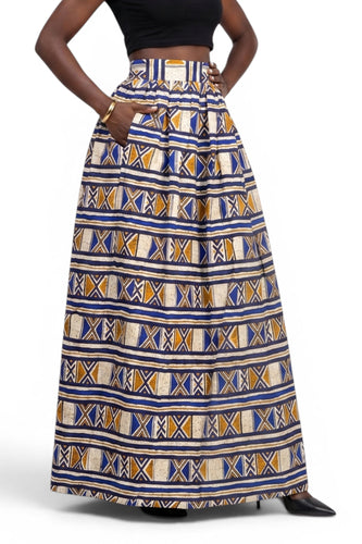 African print maxi skirt - Adjustable slit - Blue Mustard Bogolan Heritage