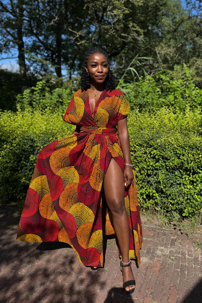 Afrikanischer Print  Infinity Multiway Maxikleid - Rot & Gelb Concentric Circle Design