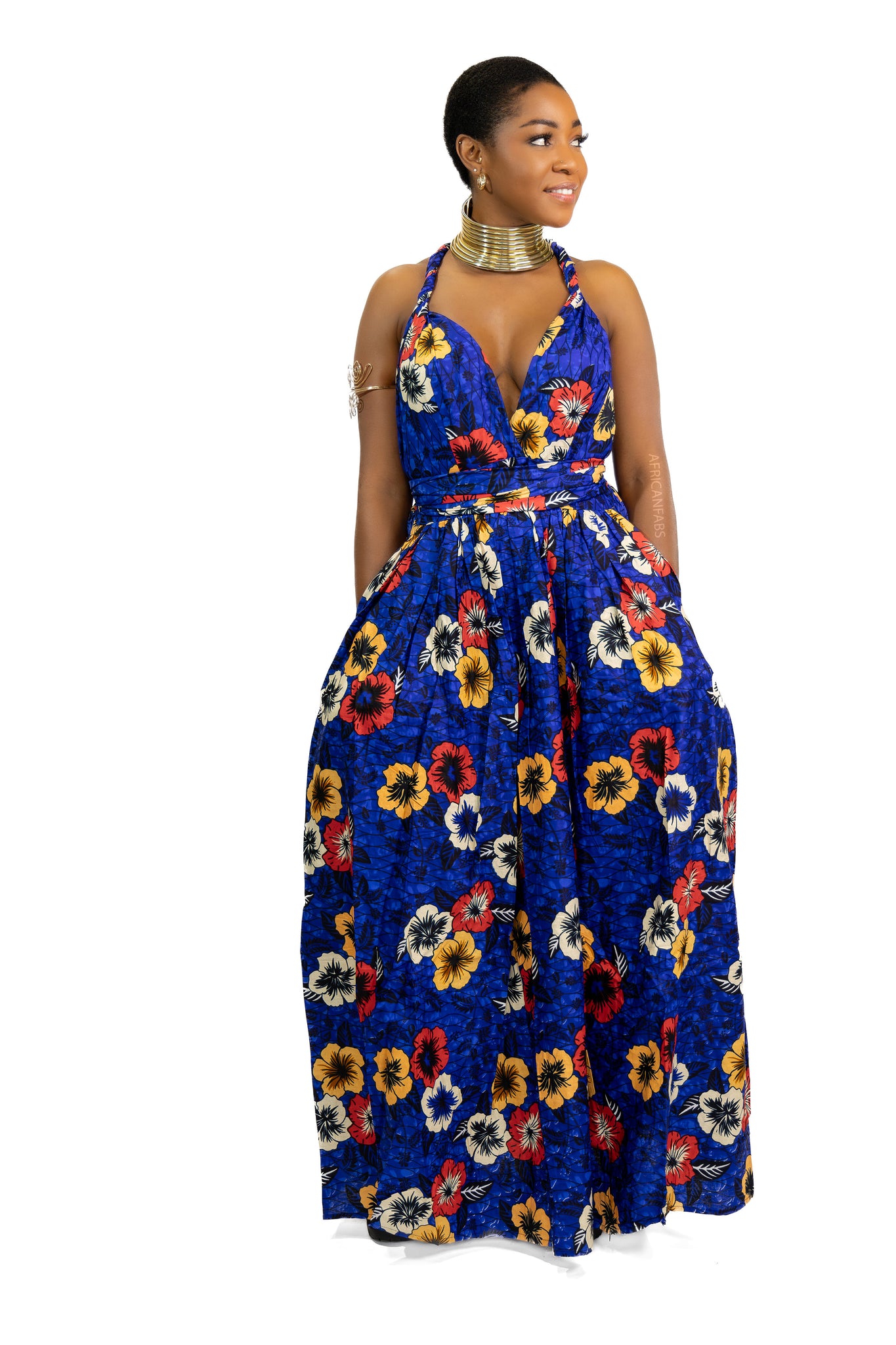 African Print Blue Flowers Infinity Multiway Maxi Dress