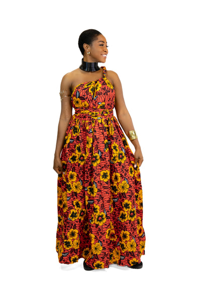 African Print Red Flowers Infinity Multiway Maxi Dress