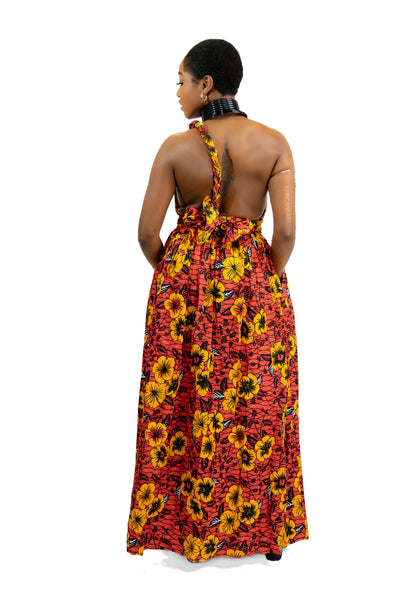 African Print Red Flowers Infinity Multiway Maxi Dress