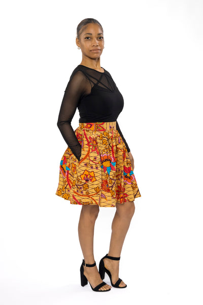 African print mini skirt - Beige Orange Botanical Flow