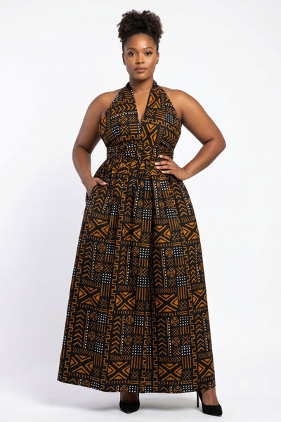 African Print Infinity Multiway Maxi Dress - Adjustable Slit - Black Orange Bogolan Spirit