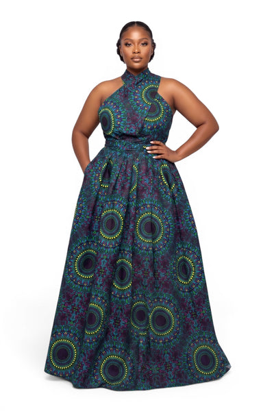 Robe longue africaine Infinity Multiway - Fente réglable - Bleu Vert Safari Mosaic