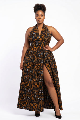 Afrikanisches Print Infinity Multiway Maxikleid - Verstellbarer Schlitz - Schwarz Orange Bogolan Spirit