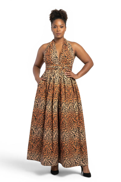 African Print Infinity Multiway Maxi Dress - Adjustable Slit - Orange Beige Leopard Queen