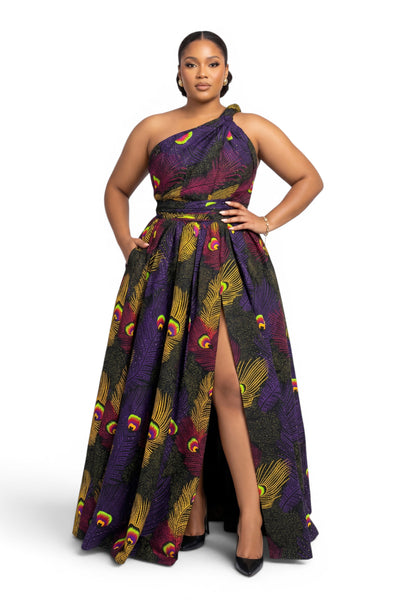 African Print Infinity Multiway Maxi Dress - Adjustable Slit - Purple Yellow Royal Peacock