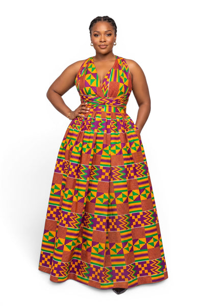 African Print Infinity Multiway Maxi Dress - Adjustable Slit - Purple Green Kente Royale